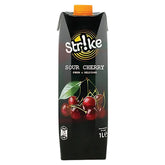 Strike - Sour Cherry Juice - 1L is a refreshing fruit drink labeled "Fresh & Delicious," featuring cherry and leaf images on the front, and made with sweetener.